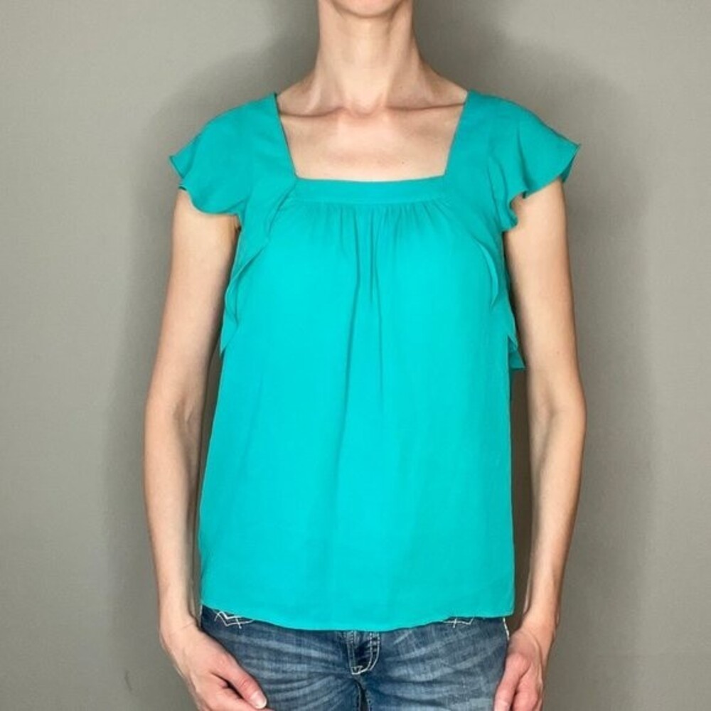 Anthro Meadow Rue Fly Away Blouse Teal Ruffle Pleated Sleeveless Size 4